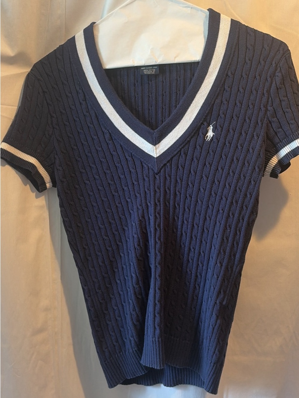 Ralph Lauren Navy Cable-Knit V-Neck with White Trim